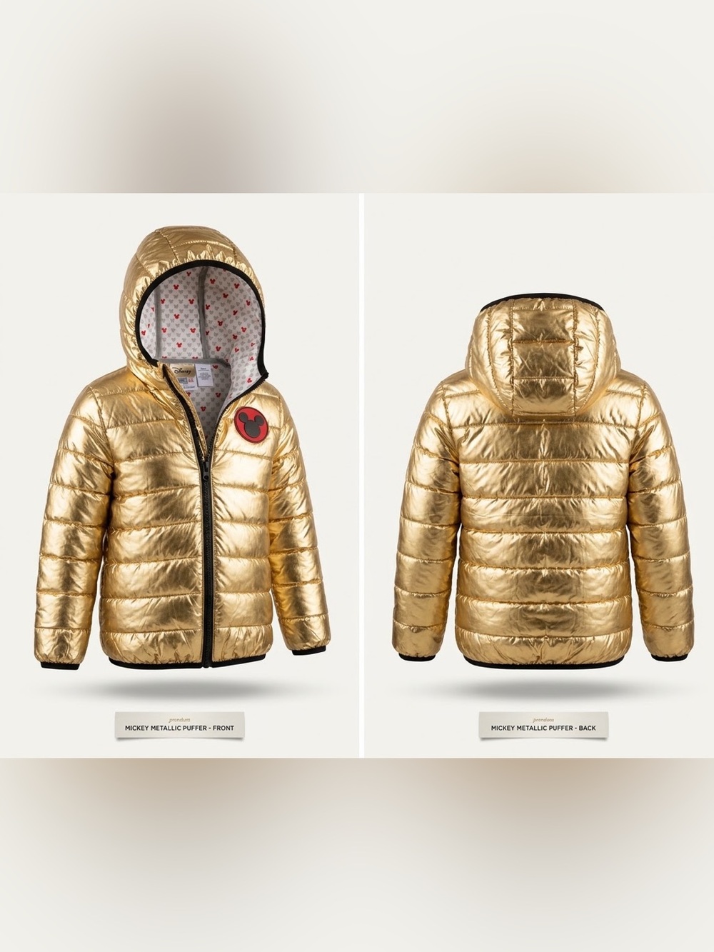Disney Kids Metallic Gold Hooded Puffer Jacket with Hood Kids Winter School Coat